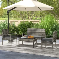 Outsunny Juego de 4 Piezas Muebles de Jardín con 2 Sillones 1 Sofá de 2 Plazas y 1 Mesa de Centro de Tablero de Vidrio Gris(m-10)