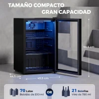 HOMCOM Frigorífico de Bebidas 70 L con Puerta de Vidrio Doble Iluminación LED 2 Estantes Ajustables para 70 Latas(m-3)