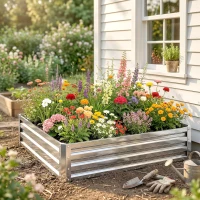 Outsunny Gartenbeet, Pflanzkasten mit Stahlgehäuse, Silber, 120 x 120 x 30 cm(m-8)