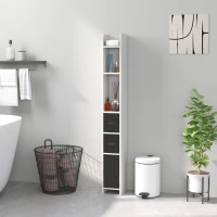 kleankin Colonna Bagno con 3 Mensole e 3 Armadietti, in Legno, 15x17x120 cm, Bianco e Nero(m-7)
