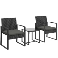 Outsunny Salon de jardin extérieur en résine tressée 2 personnes, table de jardin avec 2 chaises, plateau en verre trempé, noir(m-1)