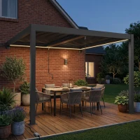 Outsunny 3 x 3 m Louvered Pergola with LED Lights, Metal Louvres, Wall Mounted Aluminium Patio Gazebo Pergola, Dark Grey(m-2)