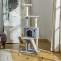 PawHut Albero Tiragraffi Multilivello con Casetta, Scala, Pallina e Pali in Sisal, 48x48x125 cm, Grigio(m-10)