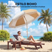 Outsunny Sombrilla de Playa con Flecos Ø175 cm Sombrilla de Terraza Exterior con Altura Ajustable Inclinación 30° Blanco y Beige(m-4)