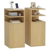 HOMCOM Slim Bedside Table Set of 2, Narrow Bedside Cabinet with Open Cubbies and Cupboard for Bedroom Living Room, Oak(m-15)
