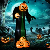 HOMCOM Halloween-Deko, 2,40m großer Kürbisgeist, selbstaufblasend, LED-Beleuchtung, für Außenbereiche(m-10)