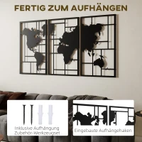 HOMCOM Wanddeko Metall 3 Stück Wanddekoration Weltkarte Wandkunst für Wohnzimmer Schlafzimmer Flur, 50 x 80 cm, Schwarz(m-5)