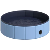 PawHut Hundebadewanne faltbar Hundepool Schwimmbecken Swimmingpool Plantschbecken Badewanne für Hunde & Katzen Wasserbecken aus Kunststoff, Holz Ø80 x H20 cm Blau(m-1)