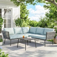Outsunny Conjunto de Muebles de Ratán de Exterior Sofá de Esquina con Cojines y Mesa de Centro para Terraza Patio Azul Claro(m-10)