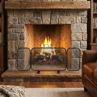 HOMCOM Protector de chispas para chimenea plegable de 3 paneles en metal con base desmontable, motivo floral, 90x16x40 cm, Negro(m-4)
