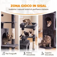 PawHut Albero Tiragraffi per Gatti Alto 132 cm con Pali in Sisal, Cuccia e Casetta, Grigio Scuro(m-7)
