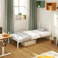 HOMCOM Einzelbettgestell mit hohem Kopfteil, Leichte Montage, Stauraum unter dem Bett, Stahl, Weiß(m-10)