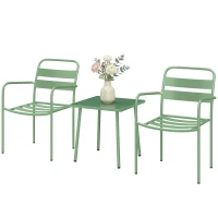 Outsunny Ensemble bistrot de jardin 3 pièces - table basse en verre trempé et 2 chaises à lattes, cadre en acier galvanisé, vert(m-17)