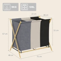 HOMCOM Cesto Portabiancheria Pieghevole a 3 Scomparti, in Bambù e Tessuto Effetto Lino, 75x48x67 cm, Multicolore(m-3)