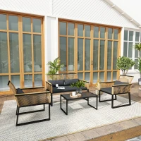 Outsunny Salotto da Giardino in Rattan PE con Divano 2 Posti, 2 Poltrone, Tavolino in Vetro e Cuscini, Nero(m-9)