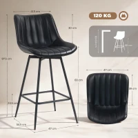 HOMCOM Juego de 2 Taburetes de Bar, Sillas de Bar Giratorio 360° Tapizado en Cuero Sintético con Respaldo y Reposapiés Negro(m-3)