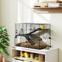 PawHut Cușcă pentru Hamsteri cu 3 Niveluri cu Bază din Sticlă Temperată, Roată și Accesorii, 76,5x48,5x54,5 cm, Negru(m-8)