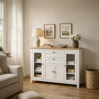 HOMCOM Buffet salon, meuble de rangement avec 1 placard double porte, 2 placards à porte vitrée, 2 tiroirs et étagère réglable, style moderne, buffet salle à manger et cuisine, 120x40x90cm, blanc(m-13)