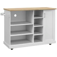 HOMCOM Carrinho ilha de cozinha com rodízios 7 compartimentos 1 armário 1 porta 1 suporte para panos 129 x 51 x 93 cm madeira e branco(m-1)