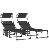 Outsunny Set de 2 Tumbonas Plegables con Reposacabezas Parasol Bolsillo Lateral y Respaldo Reclinable en 5 Posiciones Negro(m-1)