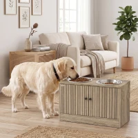 PawHut Hundefutterstation mit 2 Edelstahl-Näpfen, Schrank für Utensilien, für große Hunde, Zubehör, Braun(m-9)