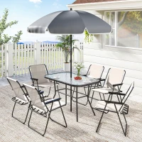 Outsunny Conjunto de Mesa y Sillas Jardín de 8 Piezas con Sombrilla 6 Sillas Plegables Mesa de Vidrio Templado Crema(m-10)