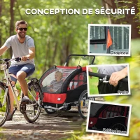 HOMCOM Reboque de Bicicleta Infantil 2 em 1 com Cinto de Segurança 5 Pontos Refletores Bandeira e Cortina Corta-vento Vermelho(m-4)