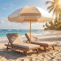 Outsunny Sombrilla de Playa con Flecos Ø175 cm Sombrilla de Terraza Exterior con Altura Ajustable Inclinación 30° Blanco y Beige(m-2)