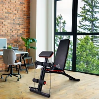 HOMCOM Banco de Musculación Plegable, Banco de Pesas, Respaldo Inclinable 7 Niveles, Extensión de Pierna, Cojín de Predicador, Banda de Resistencia, Carga 300 kg, Entrenamiento Casa Gimnasio, Rojo(m-10)