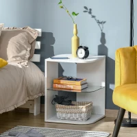 HOMCOM Mesita Auxiliar de Salón Moderna Mesilla de Noche con 3 Estantes Tablero de Cristal Mesita de Café para Sala de Estar Dormitorio 40x40x56 cm Blanco(m-10)