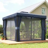 Outsunny 3 x 3(m) Patio Gazebo Canopy Garden Pavilion Tent Shelter Marquee with 2 Tier Roof, Netting and Curtains, Dark Blue(m-8)