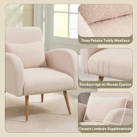 HOMCOM Fauteuil de salon en tissu Teddy, chaise rembourrée, assise large, coussin lombaire, pieds en métal effet bois, beige(m-4)