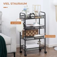 HOMCOM Carucior utilitar cu 4 niveluri, carucior de servire rulant cu cosuri de plasa detasabile, pentru sufragerie si bucatarie, spalatorie, garaj si baie, negru(m-4)