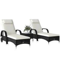 Outsunny Sonnenliege Gartenliege Tisch 3er-Set Gartenmöbel, Polyrattan+Metall Schwarz+Cremeweiß(m-12)
