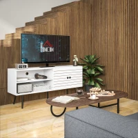 HOMCOM TV Stand with Cupboard, Open Shelves, Striped Doors, Wooden legs, White(m-9)