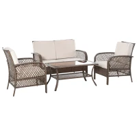 Outsunny Conjunto de 4 Muebles de Jardín de Ratán PE Sillón Sofá Doble y Mesa de Café con Cojines Lavable para Exterior Terraza Patio Marrón y Caqui(m-12)
