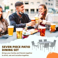 Outsunny 7 Piece Garden Dining Set - Outdoor Table and 6 Stackable Chairs with Steel Frame, Tempered Glass Top Table, and Mesh Seats, Grey(m-4)