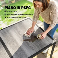 Outsunny Tavolo da Giardino 4-6 Persone con Piano Effetto Legno, in Acciaio e Plastica PSPC, 150x80x74 cm, Grigio e Nero(m-6)