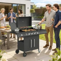 Outsunny 4+1 Burner Gas BBQ Grill with Storage Cabinet, 15.2 kW Gas Barbecue Trolley with Side Table, 4 Wheels, Warming Rack(m-10)