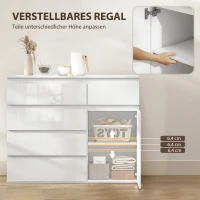 HOMCOM Modernes Sideboard, Stauraum-Sideboard mit 5 Schubladen, verstellbarem Regal, Soft-Close-Tür, Weiß Hochglanz(m-6)