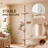 PawHut Floor to Ceiling Cat Tree 230-260cm Height Adjustable, 5-Tier Cat Tower with Scratching Posts, Hammock, Perches, Climbing Activity Centre for Indoor Kittens Playing and Relaxing, Beige(m-7)