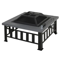 Outsunny Metal Large Firepit Outdoor Square Fire Pit Brazier with Rain Cover, Lid, Log Grate, Poker for Backyard, Camping, BBQ, Bonfire, Wood Burning Stove, 86 x 86 x 54cm, Black(m-10)