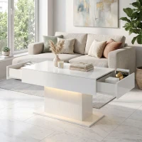 HOMCOM LED Couchtisch mit Stauraum, Hochglanz, Modern, 2 Schubladen & Fernbedienung, Weiß(m-9)