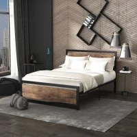 HOMCOM Estrutura de cama de casal em aço com estrado e cabeceira compatível com colchão 190 x 140 cm aspecto madeira escura(m-7)