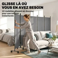 Outsunny Paravent 5 Panneaux 252x170cm, Paravent Pliant avec 12 Roulettes et Clips de Connexion, Acier et Polyester, Gris Foncé(m-4)