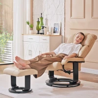 HOMCOM Poltrona Relax com Pufe Poltrona Giratória para TV com Função de Massagem Reclinável Cadeira de Massagem com Controle Remoto Bolso Lateral Poltrona de Descanso em Couro Sintético para Sala de Estar Creme Branco(m-4)