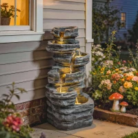 Outsunny Outdoor Fountain, 6-Tier Cascading Waterfall Feature with LED Lights, Resin Freestanding Garden Fountain, Grey(m-10)