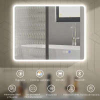 HOMCOM Espejo de Baño con Luz LED 90x70 cm con Bluetooth 3 Colores de Luz Función Antivaho Función de Memoria IP44(m-4)