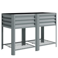 Outsunny Vaso Rialzato con Ripiano Portaoggetti, 150L, Acciaio Zincato, Altezza 80 cm, per Giardino o Patio Esterno(m-1)