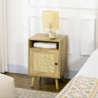 HOMCOM Bedside Table with Rattan Element, Side End Table with Shelf and Cupboard, 39cmx35cmx60cm, Natural(m-10)